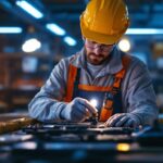 A photograph of a lighting contractor using a turtle lighter in a well-lit workspace