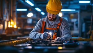 A photograph of a lighting contractor using a turtle lighter in a well-lit workspace