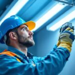 A photograph of a skilled lighting contractor expertly installing a ballast in a fluorescent light fixture