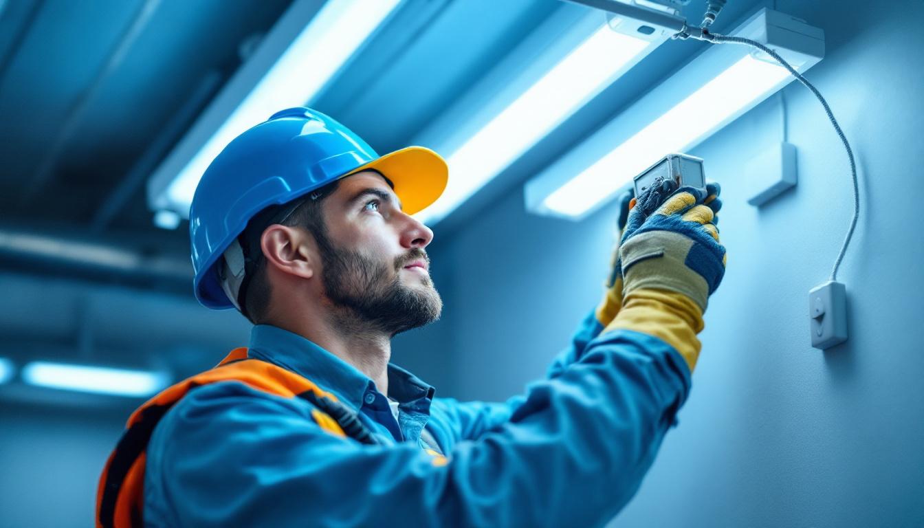 A photograph of a skilled lighting contractor expertly installing a ballast in a fluorescent light fixture