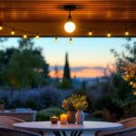 A photograph of a beautifully illuminated outdoor space featuring stylish ceiling mount lighting