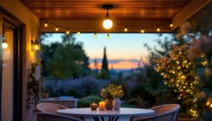 A photograph of a beautifully illuminated outdoor space featuring stylish ceiling mount lighting