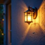 A photograph of a beautifully designed wall-mounted outdoor light fixture illuminating a cozy patio or garden space at dusk