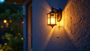 A photograph of a beautifully designed wall-mounted outdoor light fixture illuminating a cozy patio or garden space at dusk