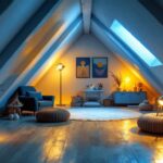 A photograph of a beautifully illuminated unfinished attic space