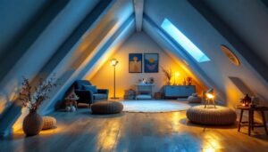 A photograph of a beautifully illuminated unfinished attic space
