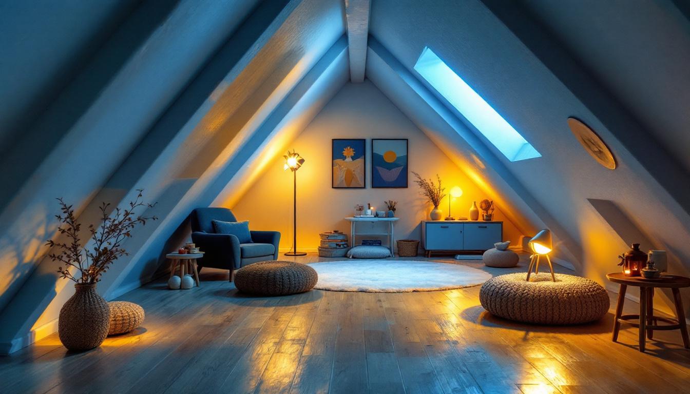 A photograph of a beautifully illuminated unfinished attic space