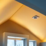 A photograph of a beautifully designed sloped ceiling featuring 4-inch recessed lighting