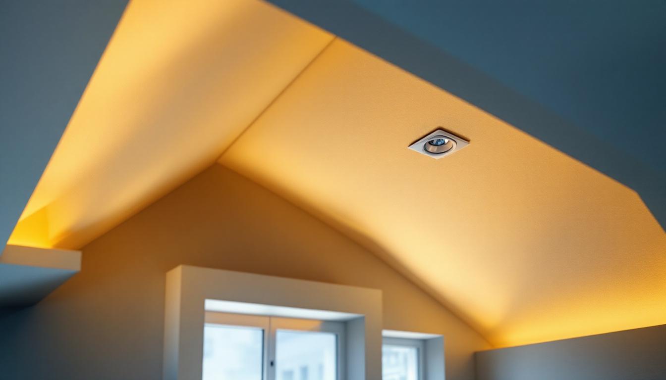 A photograph of a beautifully designed sloped ceiling featuring 4-inch recessed lighting