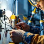 A photograph of a lighting contractor working on a lower outlet installation