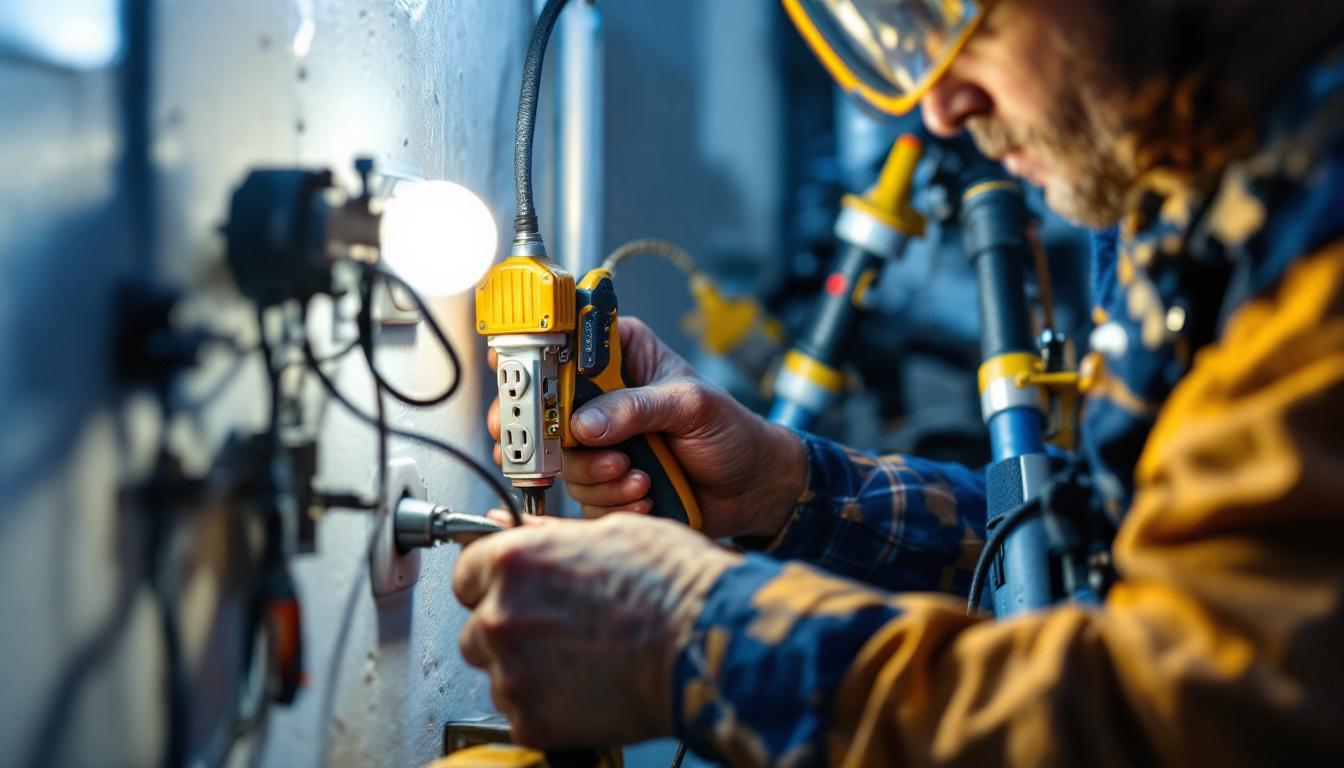 A photograph of a lighting contractor working on a lower outlet installation