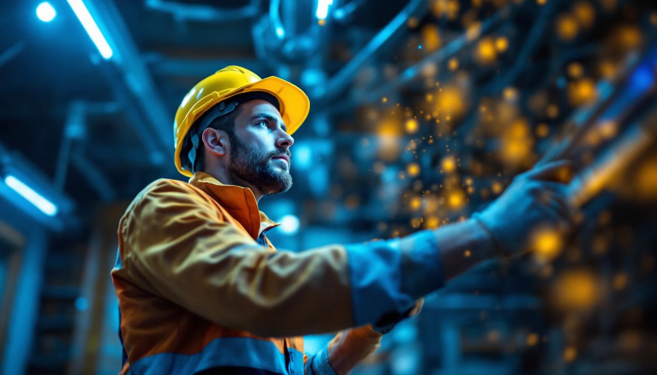A photograph of a lighting contractor carefully inspecting and installing 4ft fluorescent lights in a commercial space