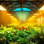 A photograph of a well-lit indoor greenhouse showcasing vibrant plants under various types of led grow lights