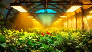 A photograph of a well-lit indoor greenhouse showcasing vibrant plants under various types of led grow lights