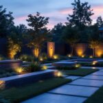 A photograph of a beautifully designed outdoor space featuring various led sconces illuminating the area