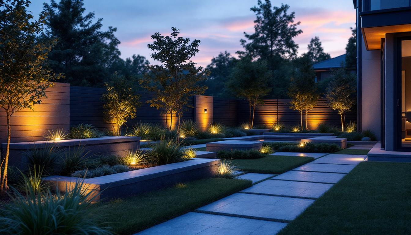 A photograph of a beautifully designed outdoor space featuring various led sconces illuminating the area