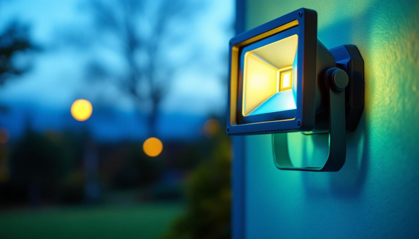 A photograph of a 150-watt flood light bulb in an outdoor setting