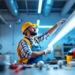 A photograph of a well-lit workspace featuring a professional lighting contractor installing or inspecting 2 ft fluorescent light bulbs