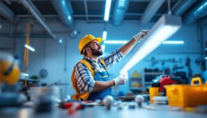 A photograph of a well-lit workspace featuring a professional lighting contractor installing or inspecting 2 ft fluorescent light bulbs