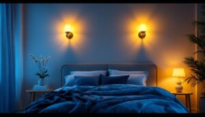 A photograph of a beautifully designed bedroom featuring stylish sconce lights on the walls