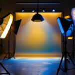 A photograph of a well-lit studio environment showcasing various led lighting setups in action