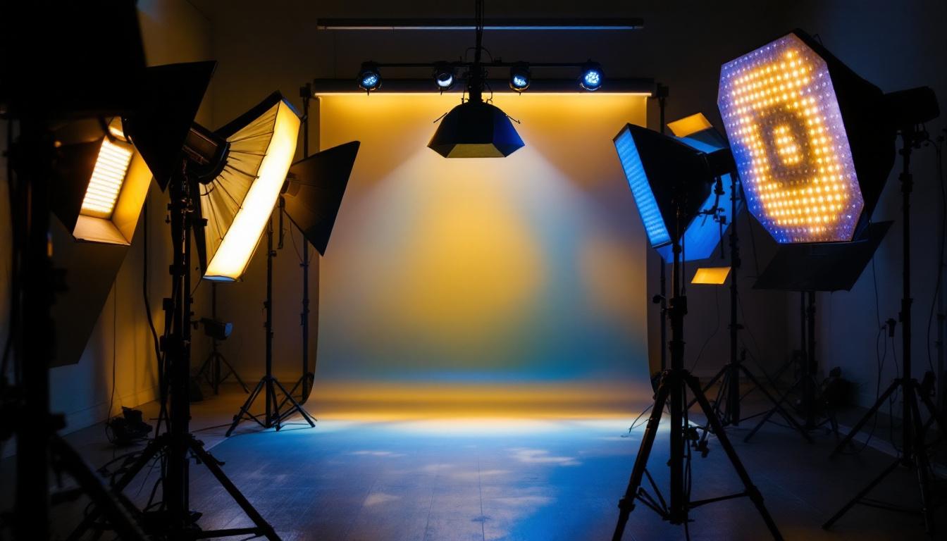 A photograph of a well-lit studio environment showcasing various led lighting setups in action