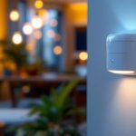 A photograph of a wall-mounted motion detector in a well-lit residential or commercial setting