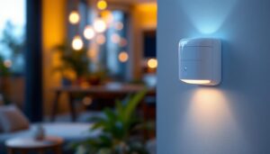 A photograph of a wall-mounted motion detector in a well-lit residential or commercial setting