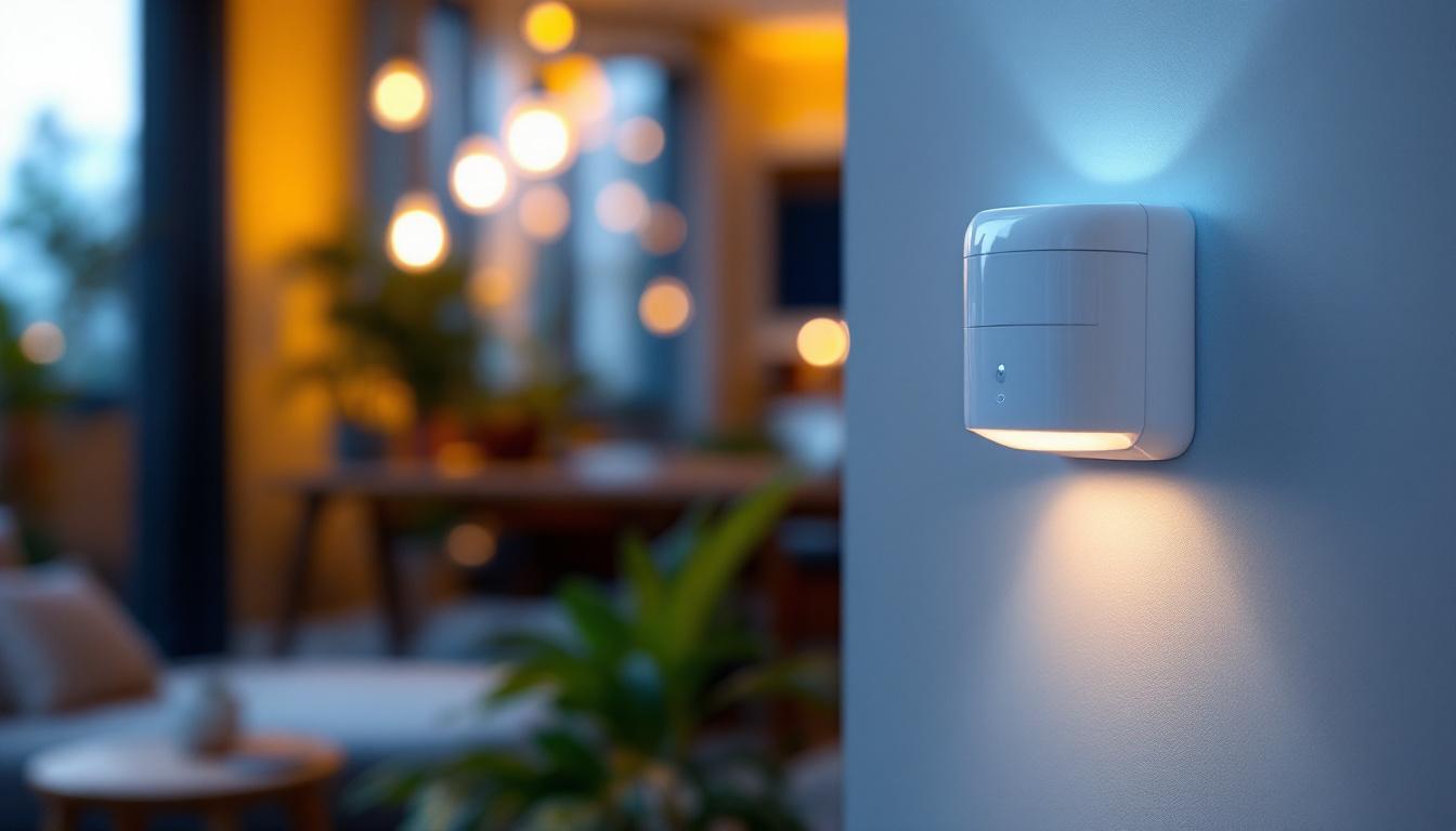 A photograph of a wall-mounted motion detector in a well-lit residential or commercial setting