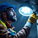 A photograph of a lighting contractor expertly replacing a pole light