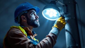 A photograph of a lighting contractor expertly replacing a pole light