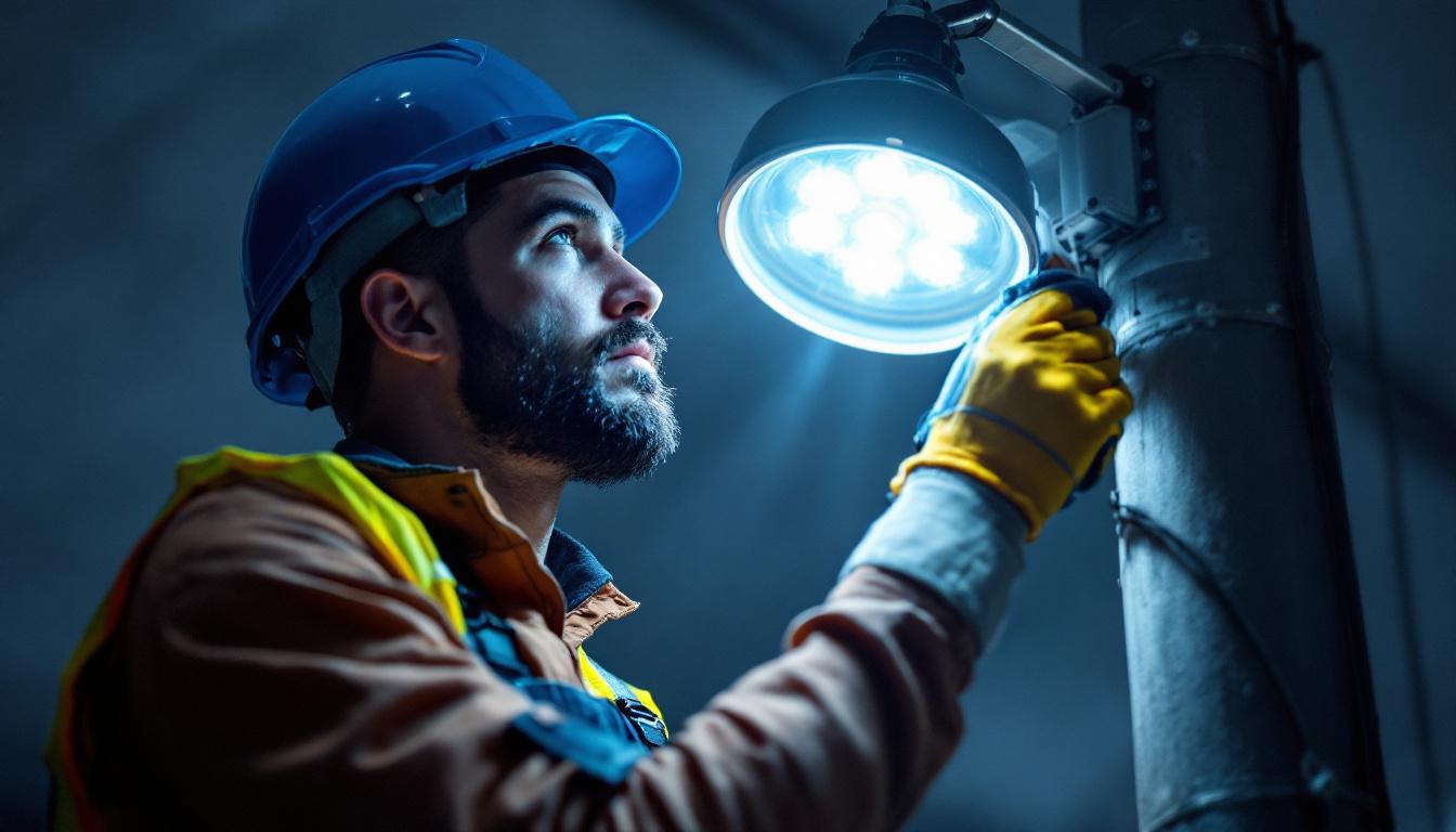 A photograph of a lighting contractor expertly replacing a pole light