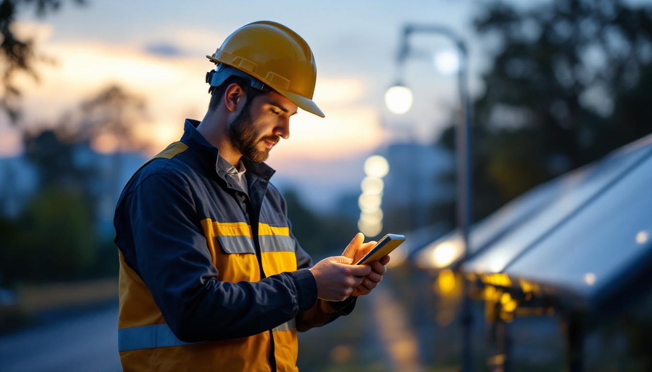 A photograph of a lighting professional inspecting and adjusting solar-powered lighting fixtures in an outdoor setting