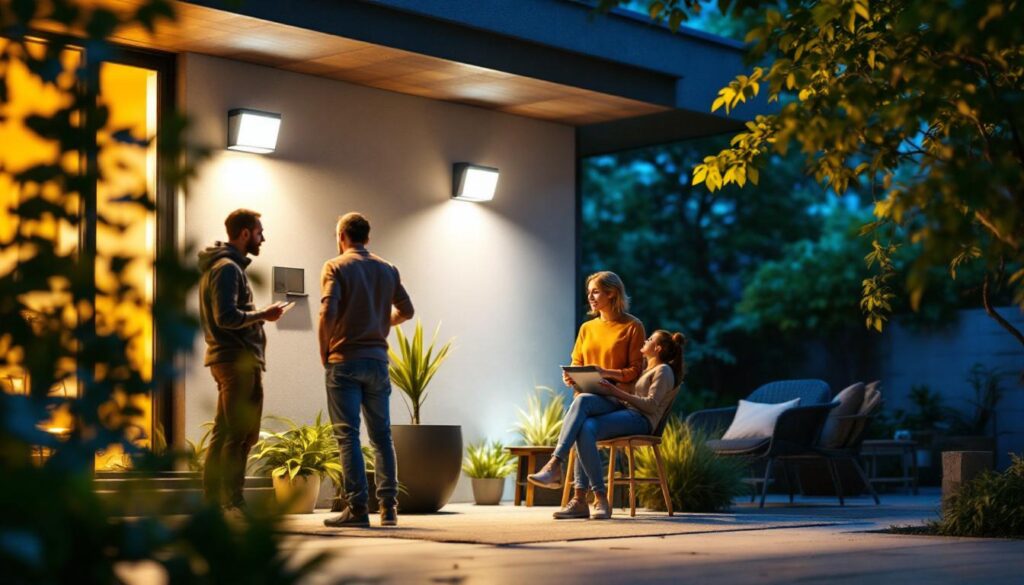 A photograph of a well-lit outdoor setting featuring a flush mount motion detector light in action