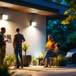 A photograph of a well-lit outdoor setting featuring a flush mount motion detector light in action