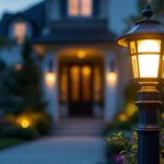A photograph of a beautifully designed mailbox post light illuminating a charming residential entrance at dusk