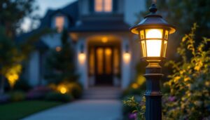 A photograph of a beautifully designed mailbox post light illuminating a charming residential entrance at dusk