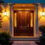 A photograph of a beautifully illuminated front door featuring stylish led lighting