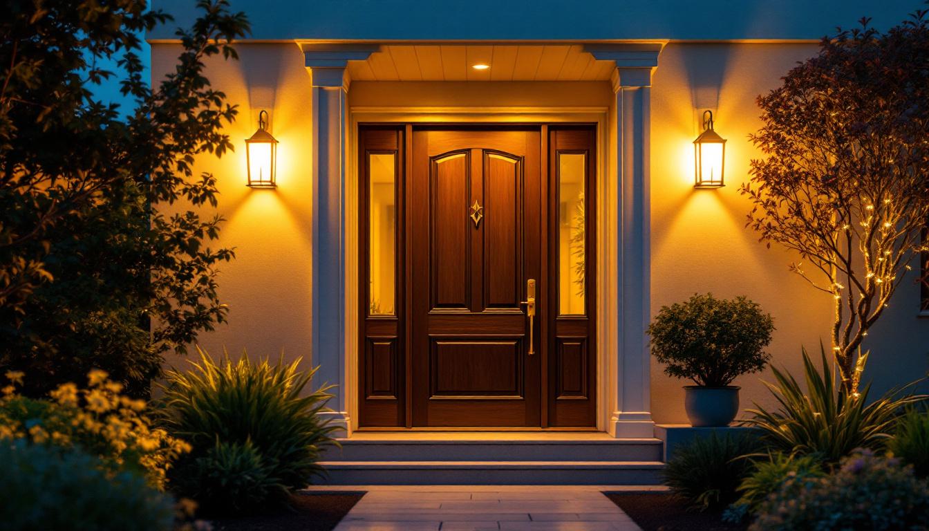 A photograph of a beautifully illuminated front door featuring stylish led lighting