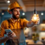 A photograph of a lighting contractor installing or showcasing the philips pl c 13w 841 2p bulb in a modern commercial or residential setting