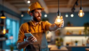A photograph of a lighting contractor installing or showcasing the philips pl c 13w 841 2p bulb in a modern commercial or residential setting