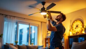 A photograph of a skilled lighting contractor installing a stylish ceiling fan in a beautifully designed living room