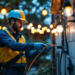 A photograph of a team of technicians working together to install waterproof 3 wire connectors in an outdoor lighting setup