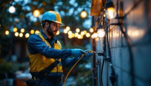A photograph of a team of technicians working together to install waterproof 3 wire connectors in an outdoor lighting setup