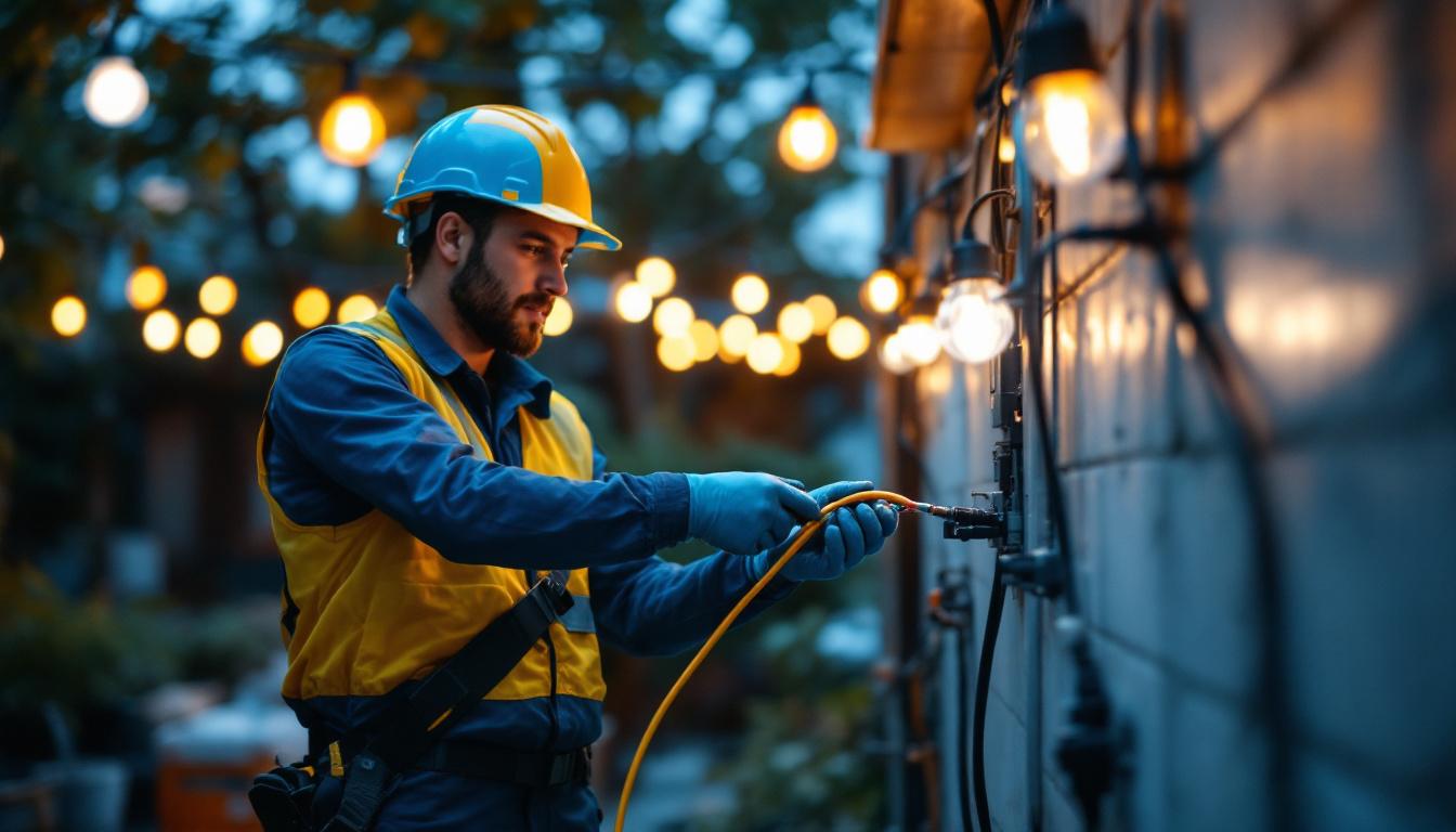 A photograph of a team of technicians working together to install waterproof 3 wire connectors in an outdoor lighting setup