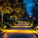 A photograph of a beautifully illuminated walkway at dusk