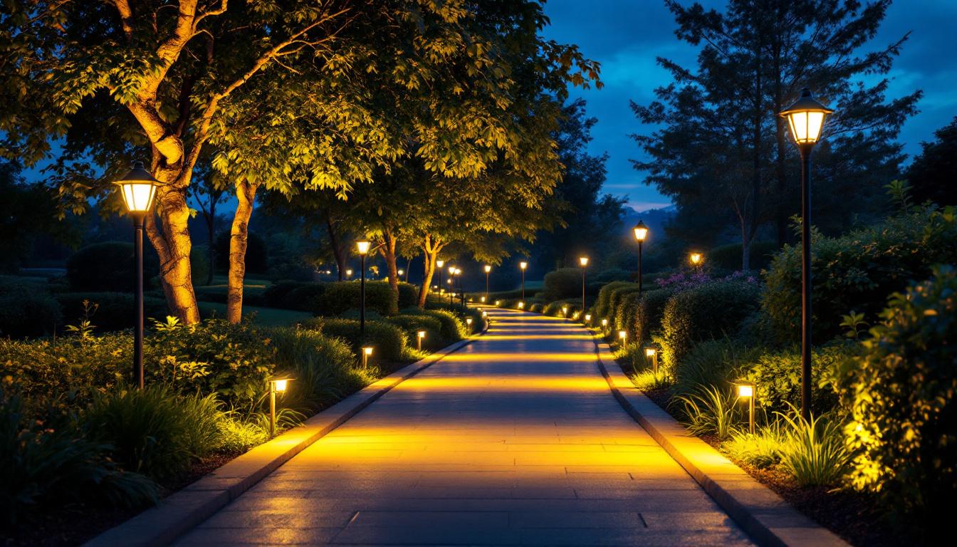 A photograph of a beautifully illuminated walkway at dusk