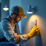 A photograph of a skilled lighting contractor installing stylish outlet covers in a modern