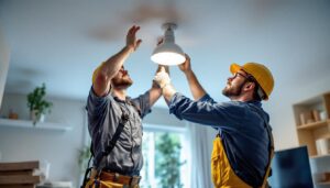 A photograph of a skilled lighting contractor carefully relocating a ceiling light fixture in a well-lit room