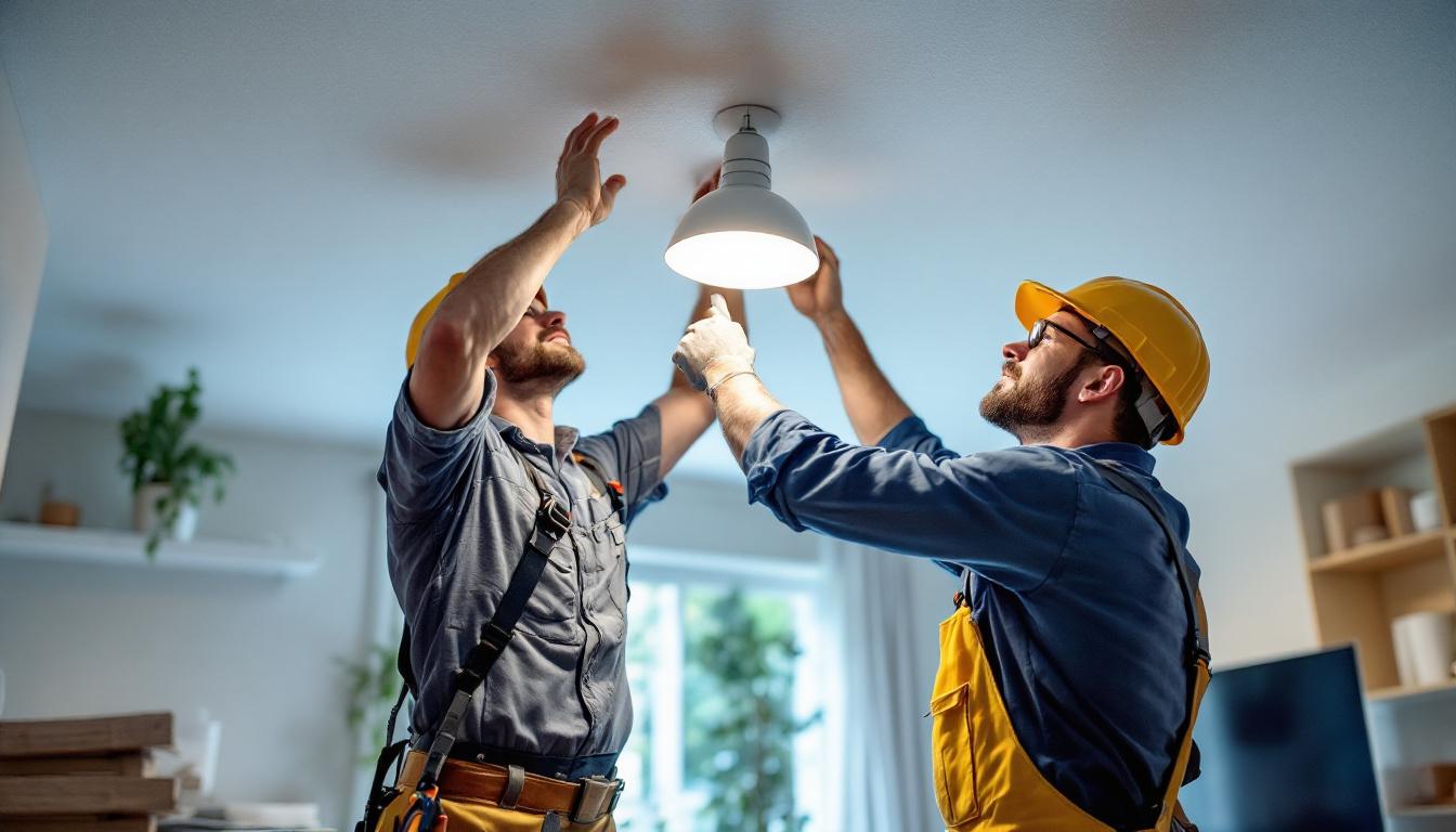 A photograph of a skilled lighting contractor carefully relocating a ceiling light fixture in a well-lit room